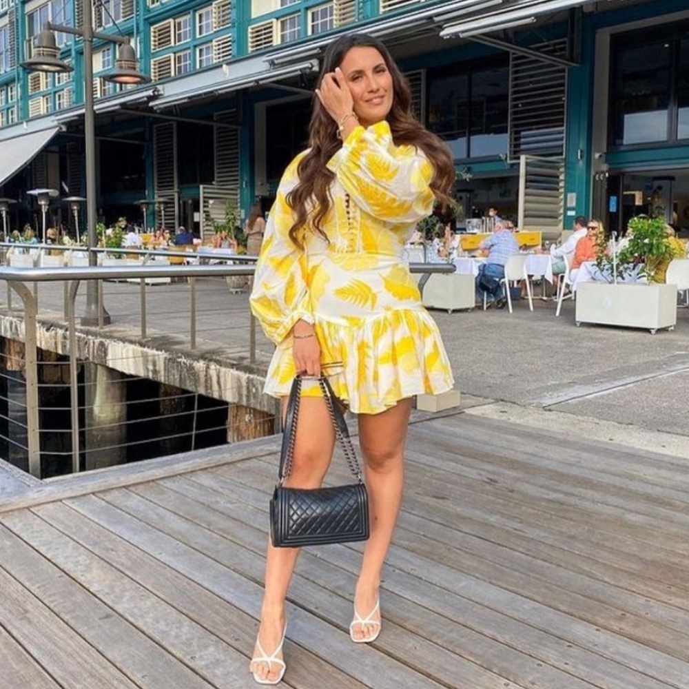 Acler Bastia Yellow Palm Print Mini Dress Long Sleeve Resort Boho US 8 *Flawed*